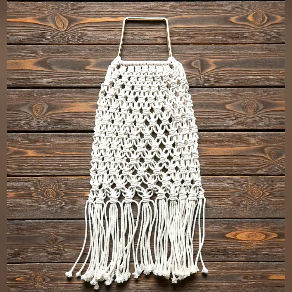 Macrame Fringed Clutch Hand Bag Ivory Metal Handle Boho Hippie Beach Woven Purse - Picture 2 of 8